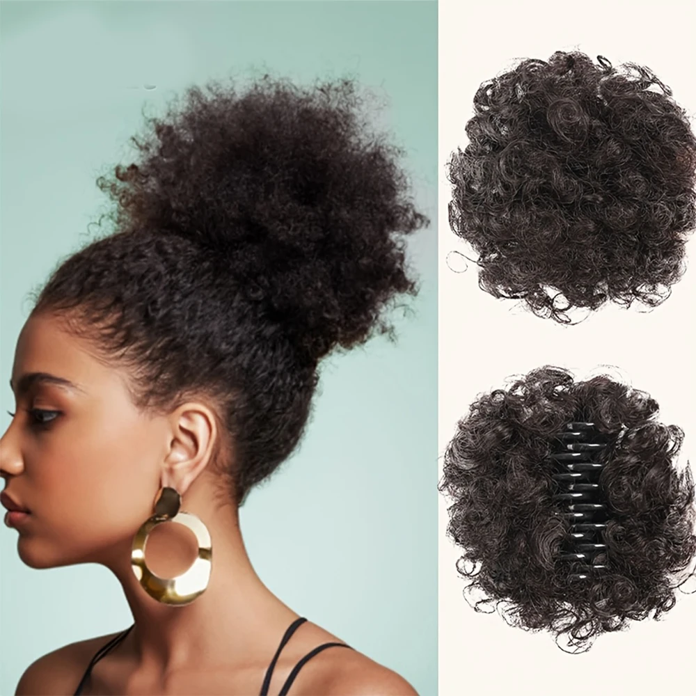 Coque Afro Curto Sintético com Presilha, Peruca Feminina, Rabo de Cavalo Cacheado Crespo, Extensões de Cabelo Castanho Preto 1un.