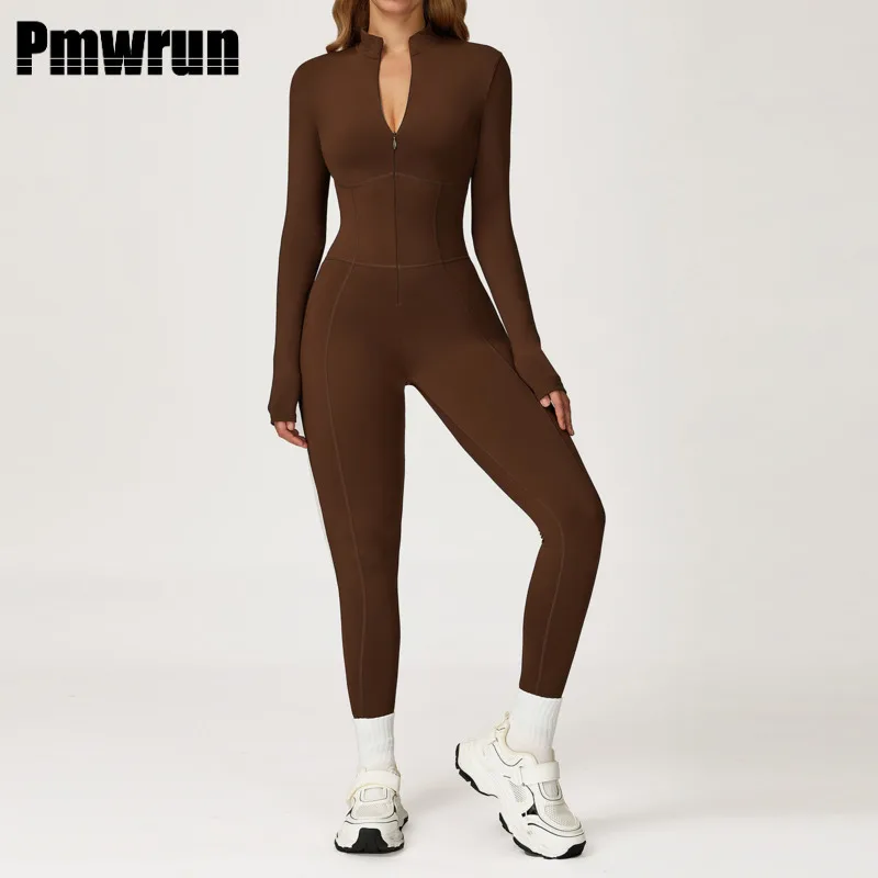 

PMWRUN Winter Warm Fleece Lined Yoga Jumpsuit Zip Front Long Sleeve Tummy Control Soft Stretchy For Yoga Fitness Lounge Cold Day