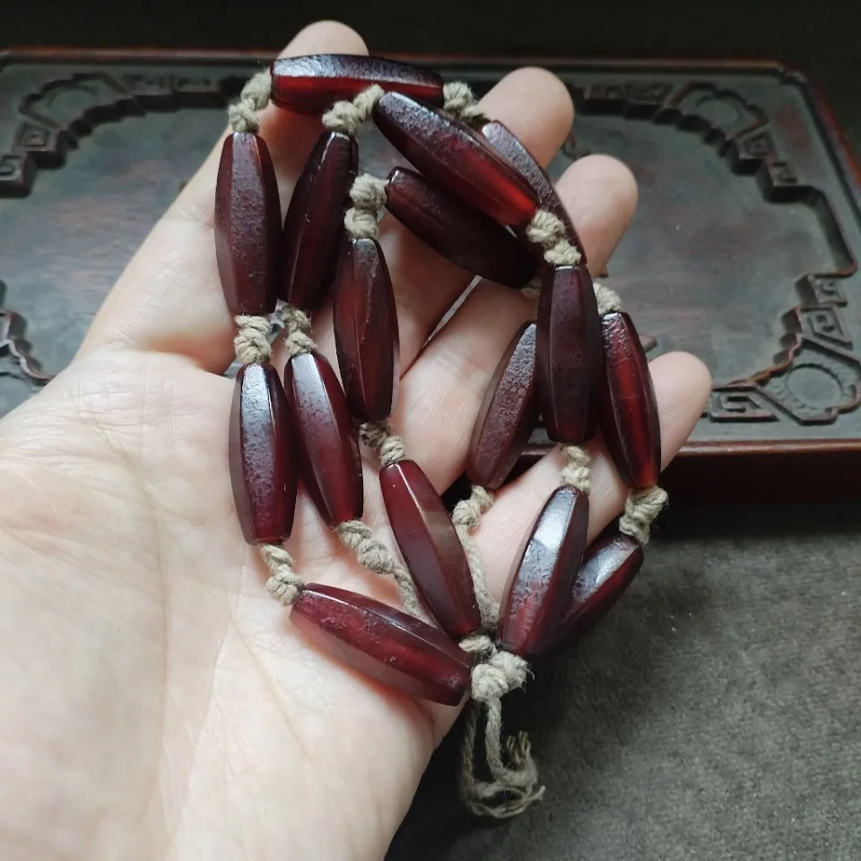 Boho Vintage Dark Red Elongated Glass Bead Necklace Handmade Linen Rope Wrapped Oval Stone Ethnic Jewelry Gift