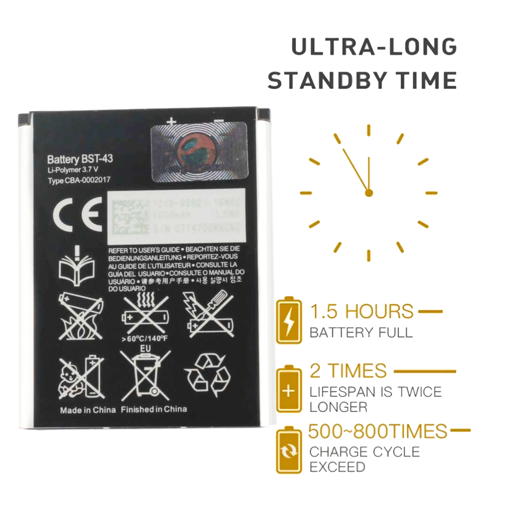 BST-43 / BST43 battery for Sony Ericsson WT13I U100 U100i J10 J20 J108 J108i S001 CK13I T715 Original Capacity Phone Batteries