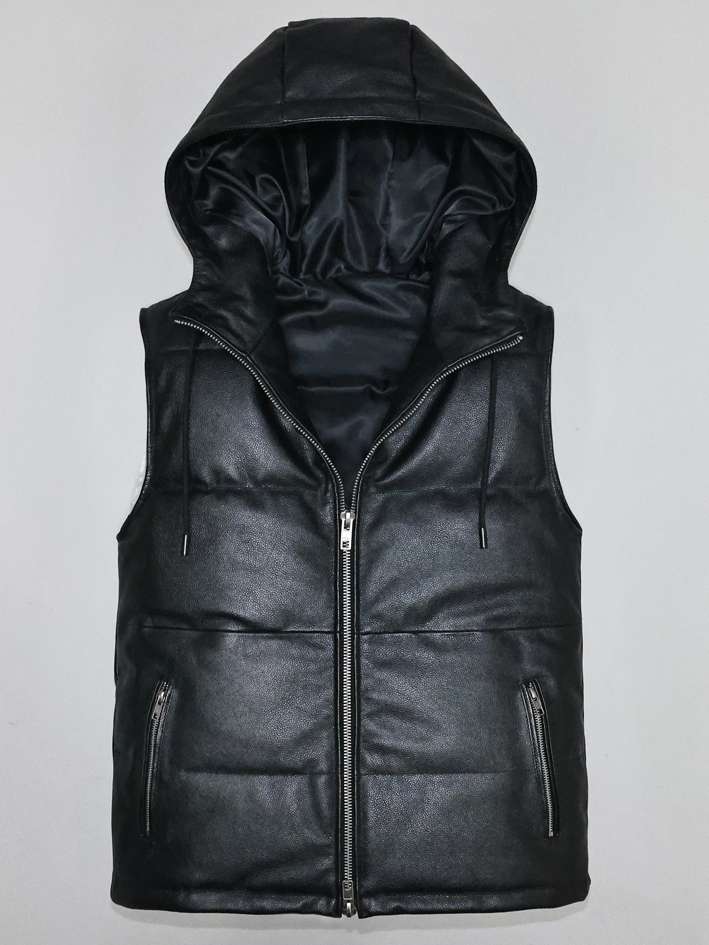 

Мужской жилет из натуральной кожи с капюшоном, повседневная утепленная зимняя куртка с подплечниками, модный городской стиль, без рукавов, на молнии