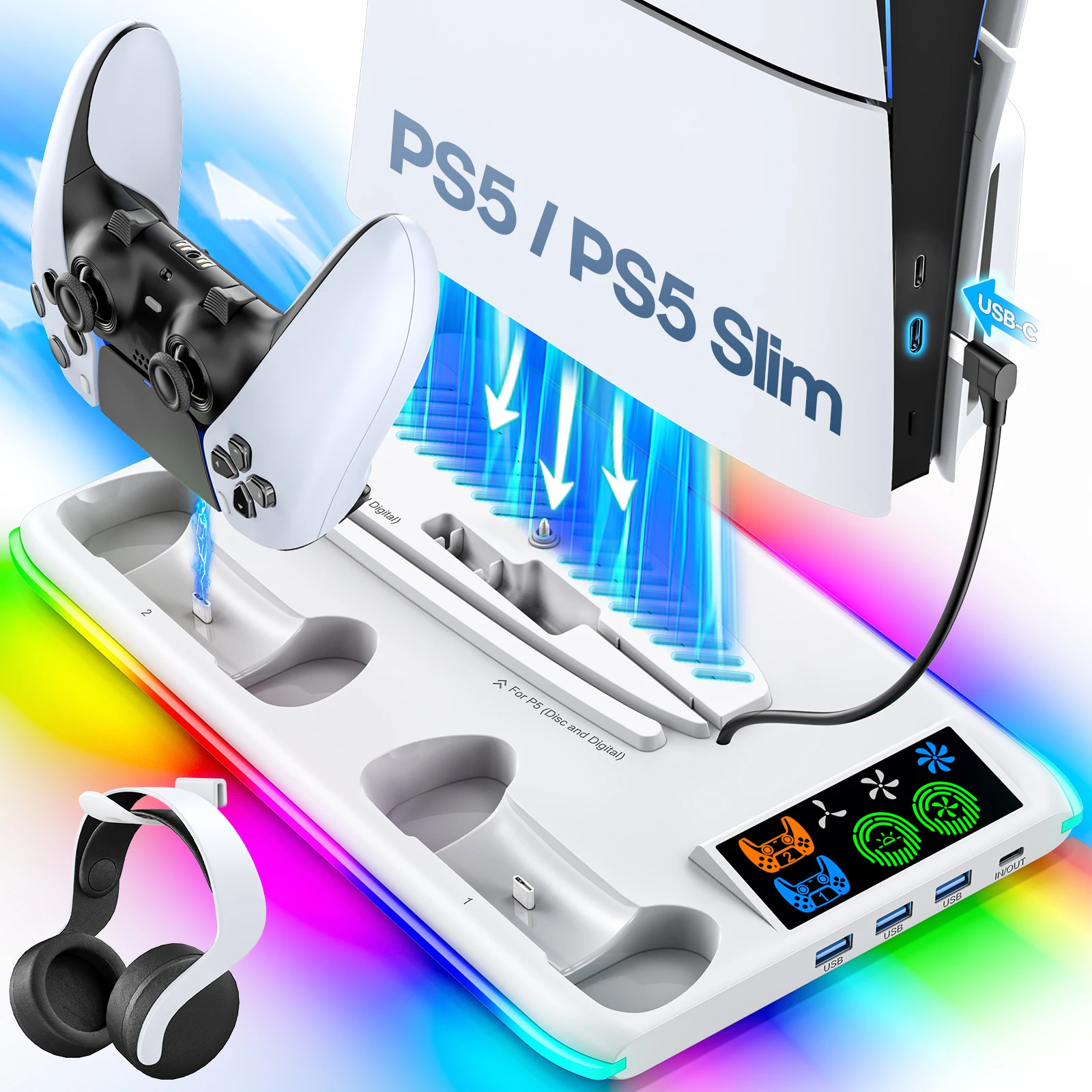 for PS5/PS5 Slim Stand with Headphone Hook Cooling Stand with Controller Charging Station for PS5 With 3 Levels Cooling Fan