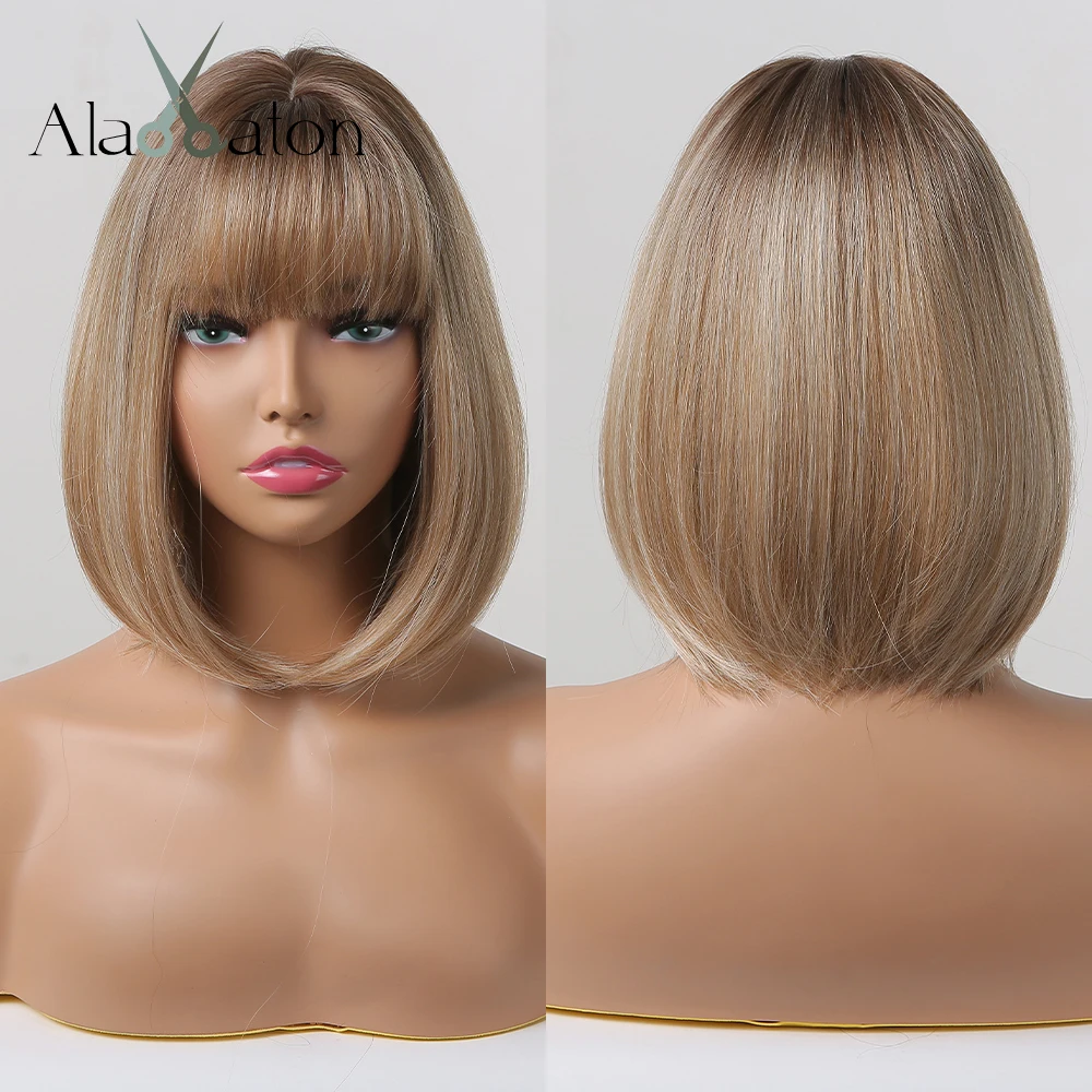 ALAN EATON Short Straight Bob Wig with Bangs for Women Ombre Brown Synthetic Wigs Heat Resistant Cosplay Hair Natural Daily Use