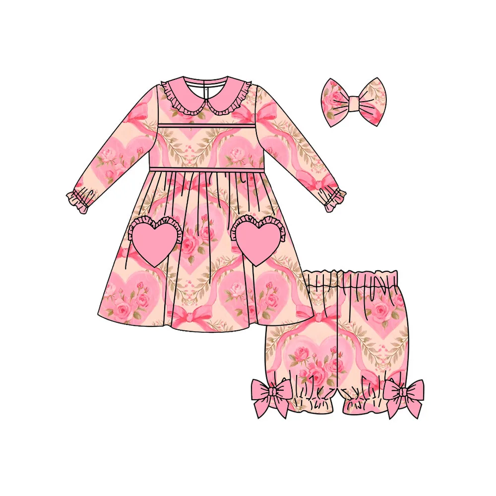 Boutique Girls lapel Ruffle Long-sleeved top and shorts love pocket Bow decoration Strawberry bow and flower Print