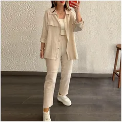 Spring And Autumn New Solid Color Women'S Long-sleeved Shirt Suit Fashion Loose Button Pants Casual Sports 2-piece Set Female