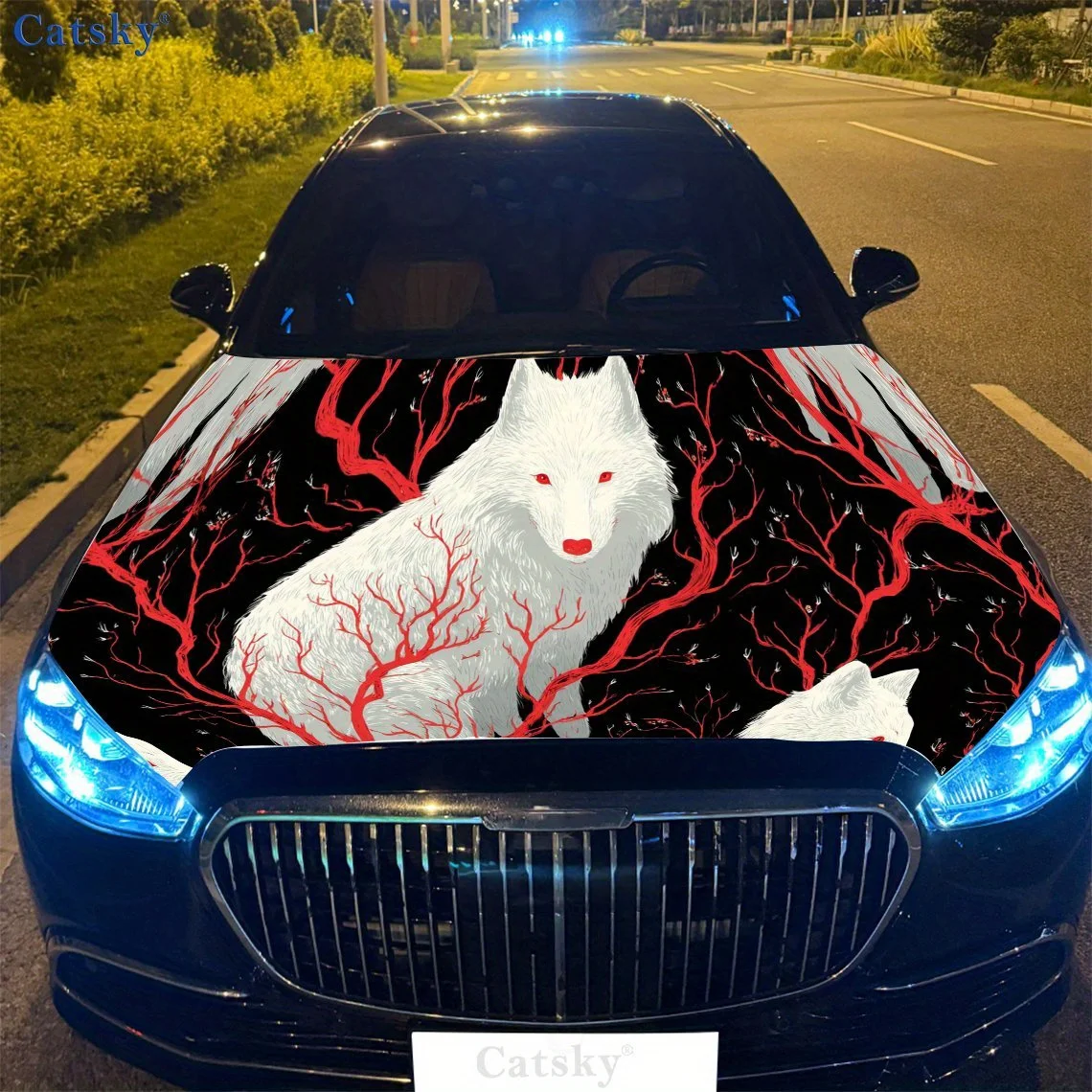 

Eye-Catching White Wolf with Red Branches Car Hood Vinyl Wraps Sticker, Auto Decal, Waterproof Self-adhesive Vehicle Decal, Anti