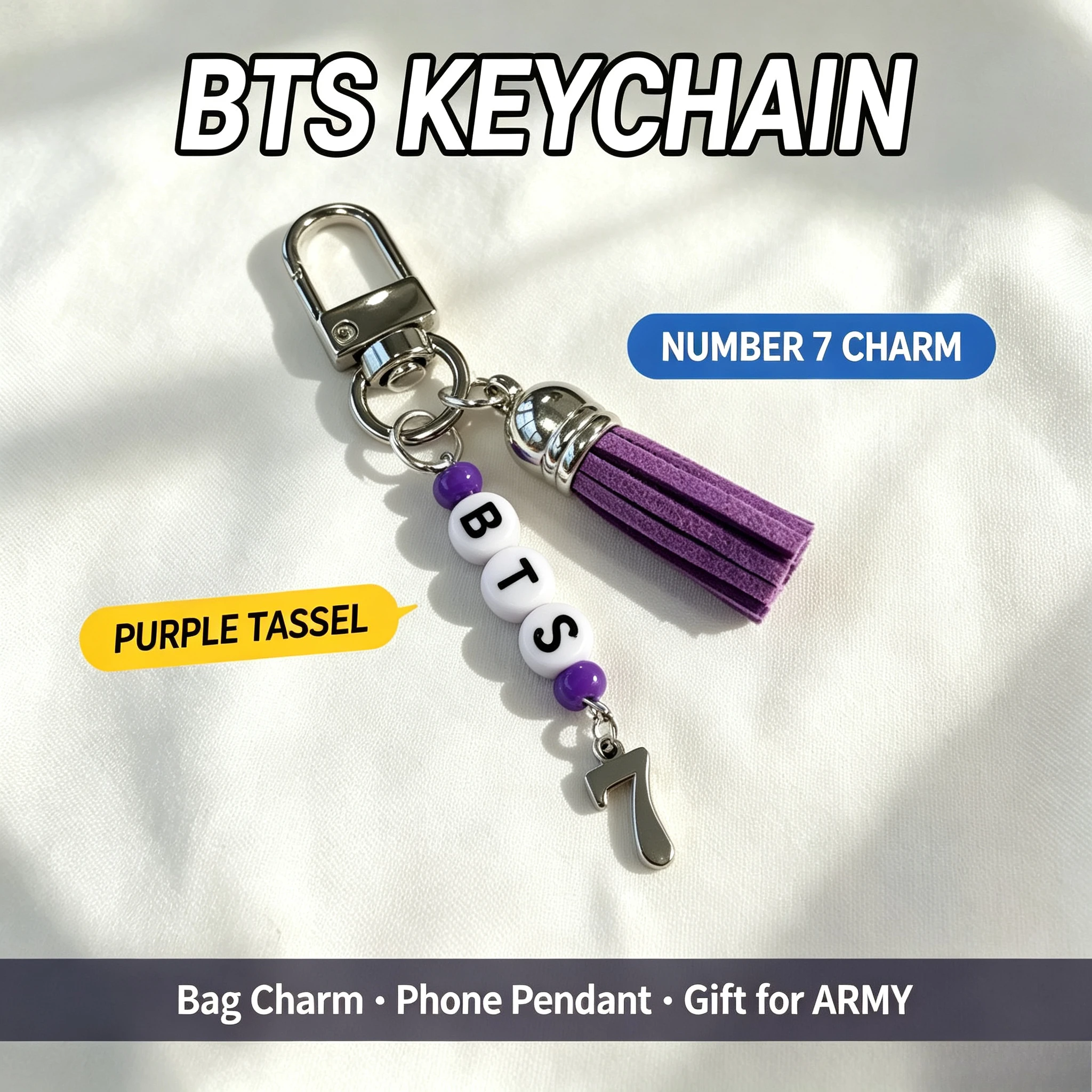 Kpop BTS Keychain Purple Tassel Number 7 Charm Beaded Bag Charm Phone Pendant ARMY Concert Fans Gift