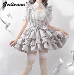 Lolita Skirt Set SK Girl Women's Gothic Style Sweet Short Sleeve Shirt Fishbone Short Suspender Skirt 2 Pieces Set Outfits