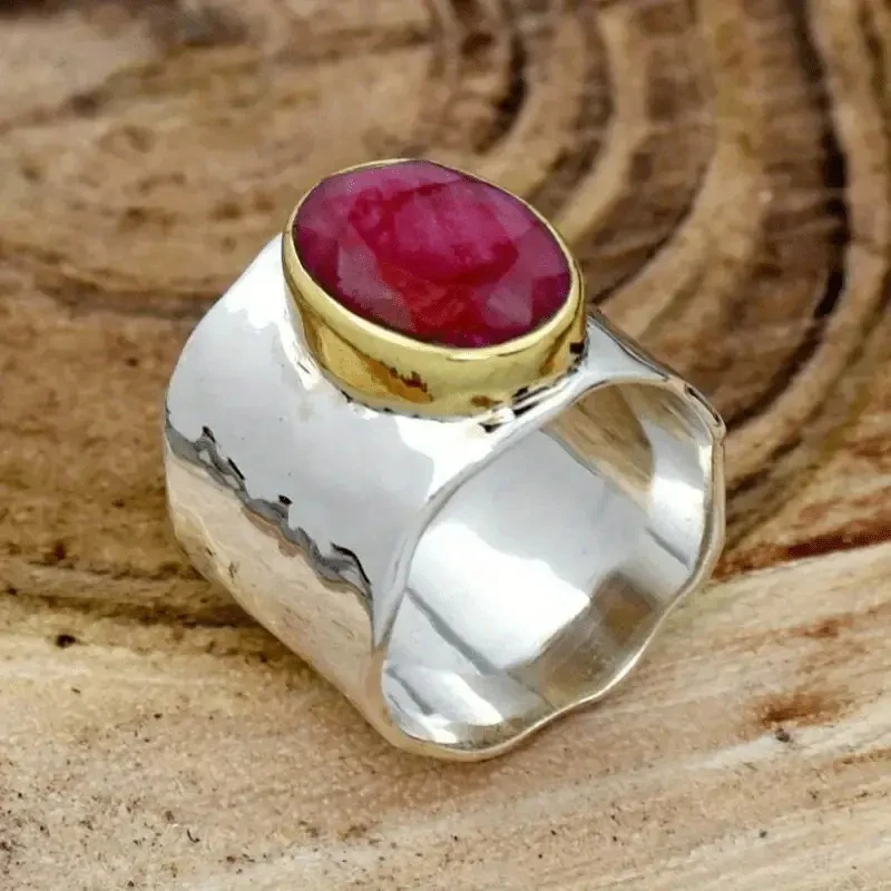 Huitan Textured Distressed Silver Color Ring for Women Statement Party Vintage Daily with Big Red Oval Cubic Zirconia Jewelry