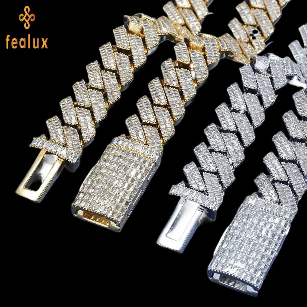 

Hip Hop Jewelry 20mm Rows Rectangle Stone Iced Out Miami Cuban Link Chain Bling 18K White Gold Plated Copper Thick Necklace