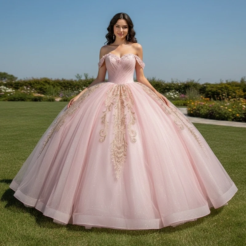 

Pink Shiny Quinceanera Dresses Off The Shoulder Sequin Applique Lace Beading Crystal Tull Corset Party Birthday Sweet 16 Dres