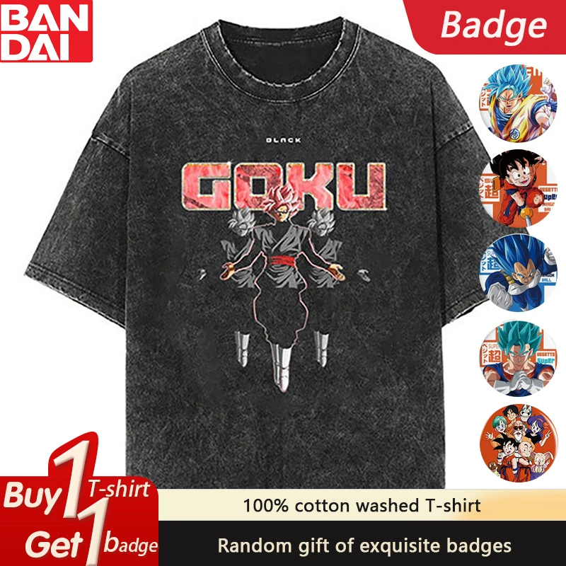 

​​Official DRAGON BALL Black Washed Tee Men's Pink Hair Goku Print with Red GOKU Text & Energy Wave Effects​