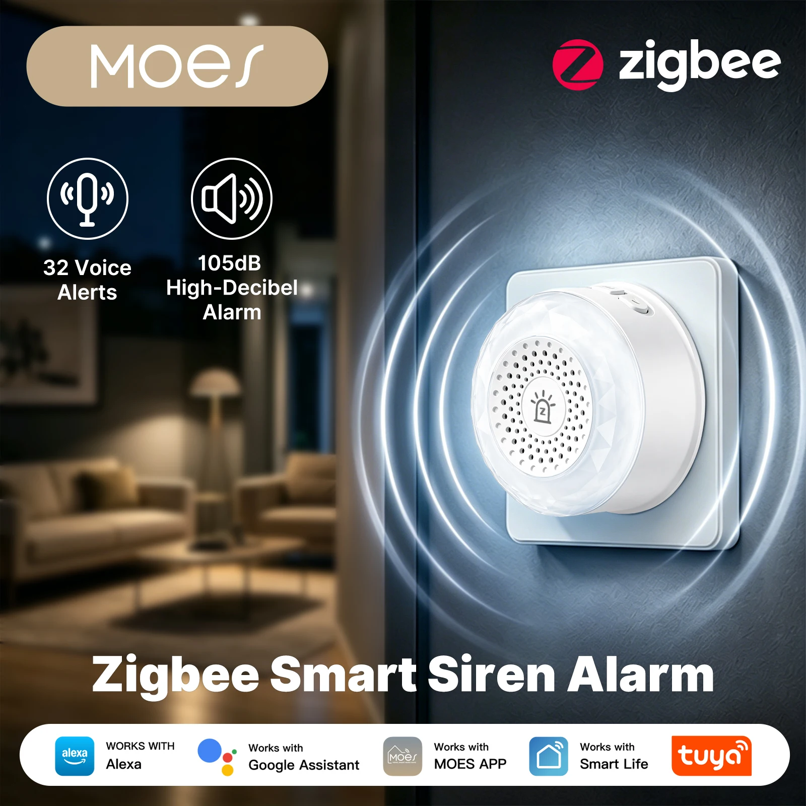 MOES Zigbee Siren Alarm EU Plug 105dB, 32 Voice Prompts RGB Breathing Light Tuya Home Security Alarm