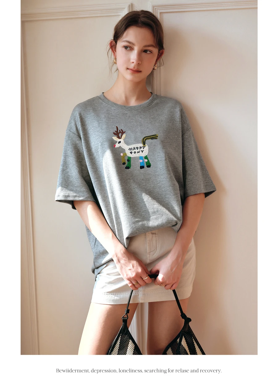 OLrain Zomerkleding Vrouw 2025 Grijs O-hals Oversized Geborduurd Patroon Drop Mouwen Dames Korte Mouw Tops O57XT99219