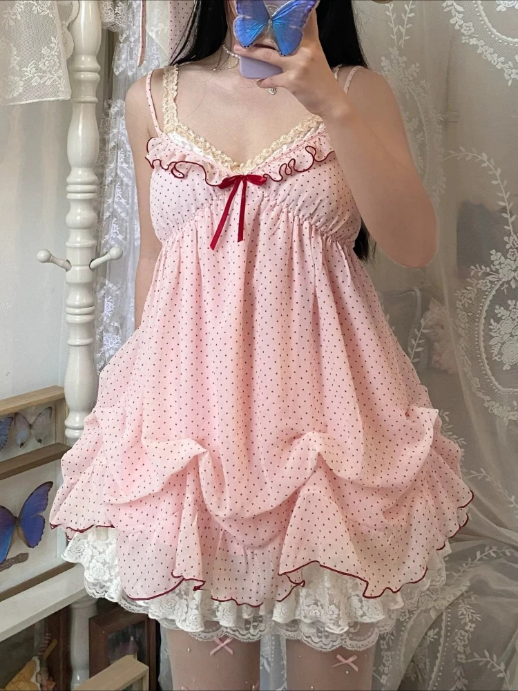 Set 2 Potong Lucu Manis Kawaii Jepang Atasan Renda Pendek Wanita + Gaun Polka Dot Setelan Retro Berbulu Merah Muda Chic Baru Musim Panas 2025