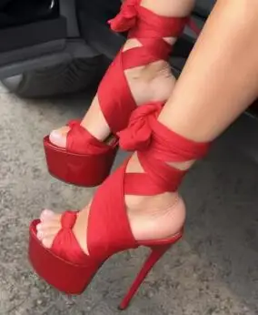 

Red Black Solid Knotted Lace-up Platform Sandals Women Round Open Toe Cross Tied Stiletto Heels Strappy Sandals Dress Shoes
