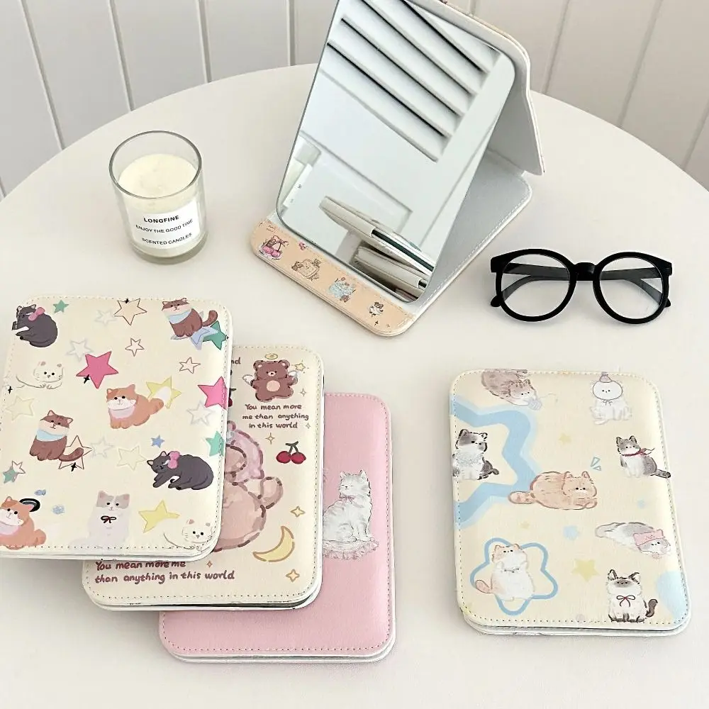 Small Pu Leather Desktop Stand Mirror Cartoon Puppy Cat Fold Makeup Mirror Delicate Flower Vanity Mirror Dormitory