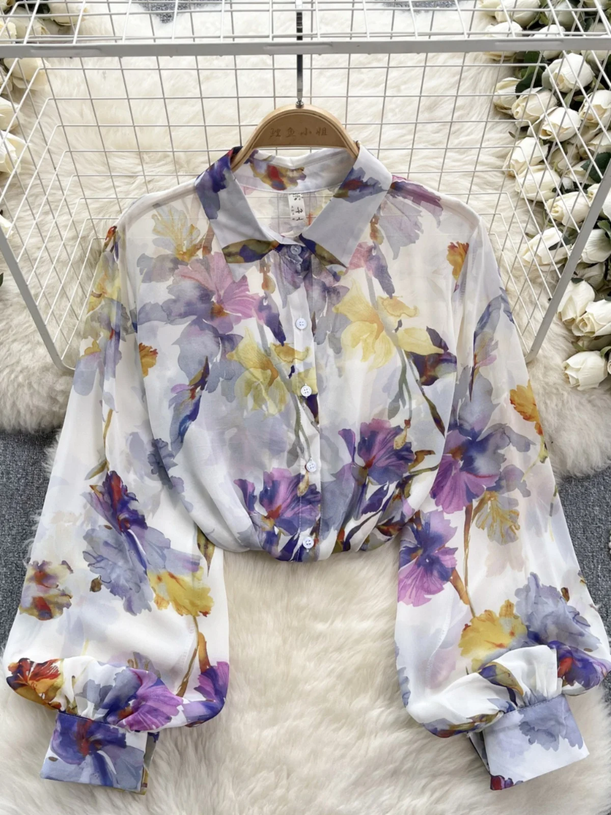 

Spring 2024 Women's irt New Sle Thin Design Printed Chiffon Faionable Versatile Top Trendy Korean Version Long Sve