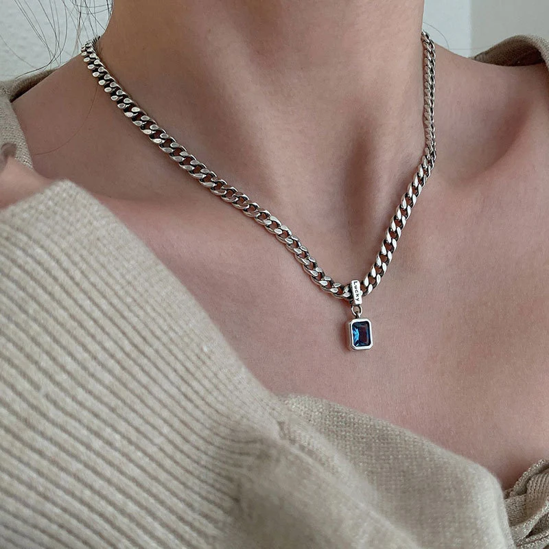 Mewanry Thick Chain Blue Zircon Necklace For Women Couple Fashion Simple Personality Classic Elegant Hip Hop Party Jewelry Gifts
