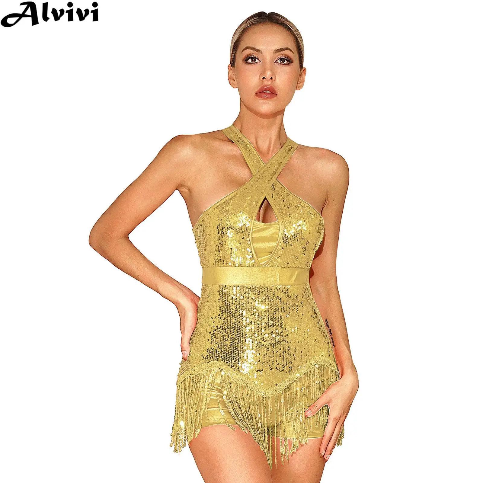 Women Latin Dance Leotard Sleeveless Shiny Sequin Tassel Bodysuit Dress for Ballroom Tango Rumba Samba Cha-Cha Stage Performance