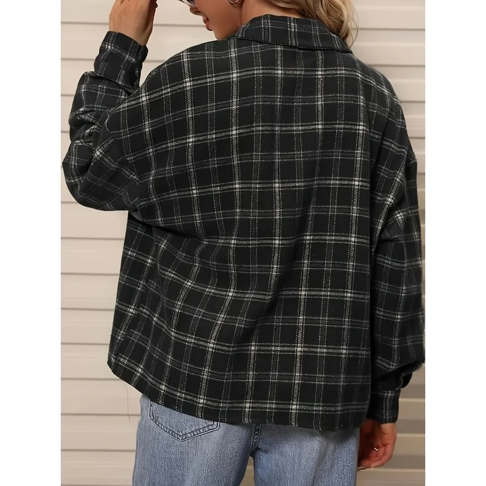Chaqueta de talla grande 1XL-5XL para mujer, camisas con estampado a cuadros de manga larga para otoño e invierno, chaqueta tipo túnica informal con botones y cuello simulado