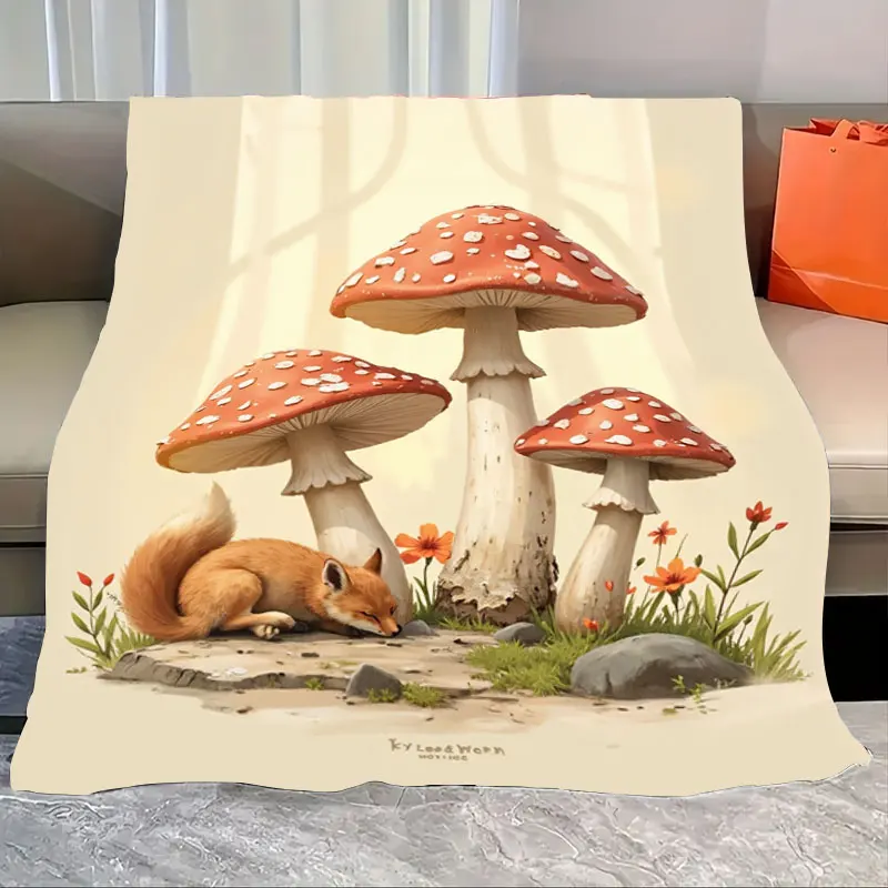 

1pc Flannel Blanket Cute Fox and Mushroom Forest Blanket - Cozy Nature Scene Throw