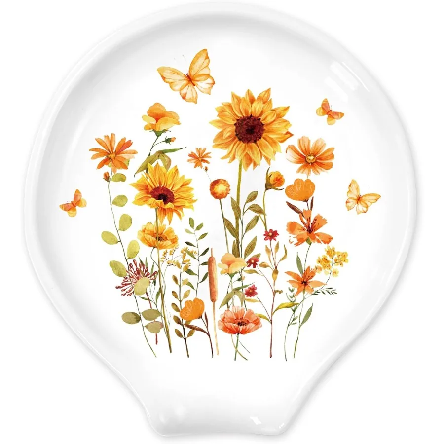 

Spoon Rest Orange Sunflower Butterfly Ceramic Spoon Holder Watercolor Flower Ring Dish for Fall Autumn Thanksgiving Kitchen Hom