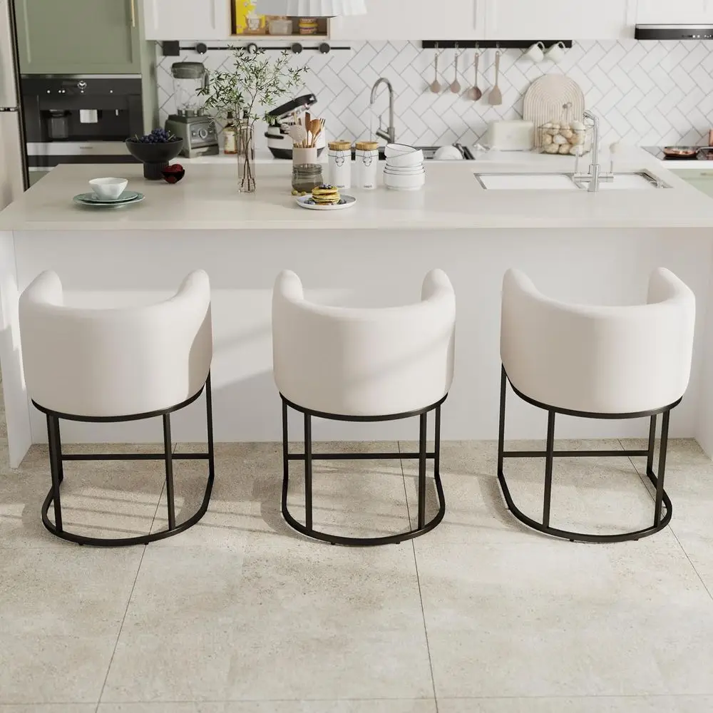 

Linen Upholstered Bar Stools Set of 3, 24 High Kitchen Counter Island Chairs with Black Metal Frame and Cream Seat