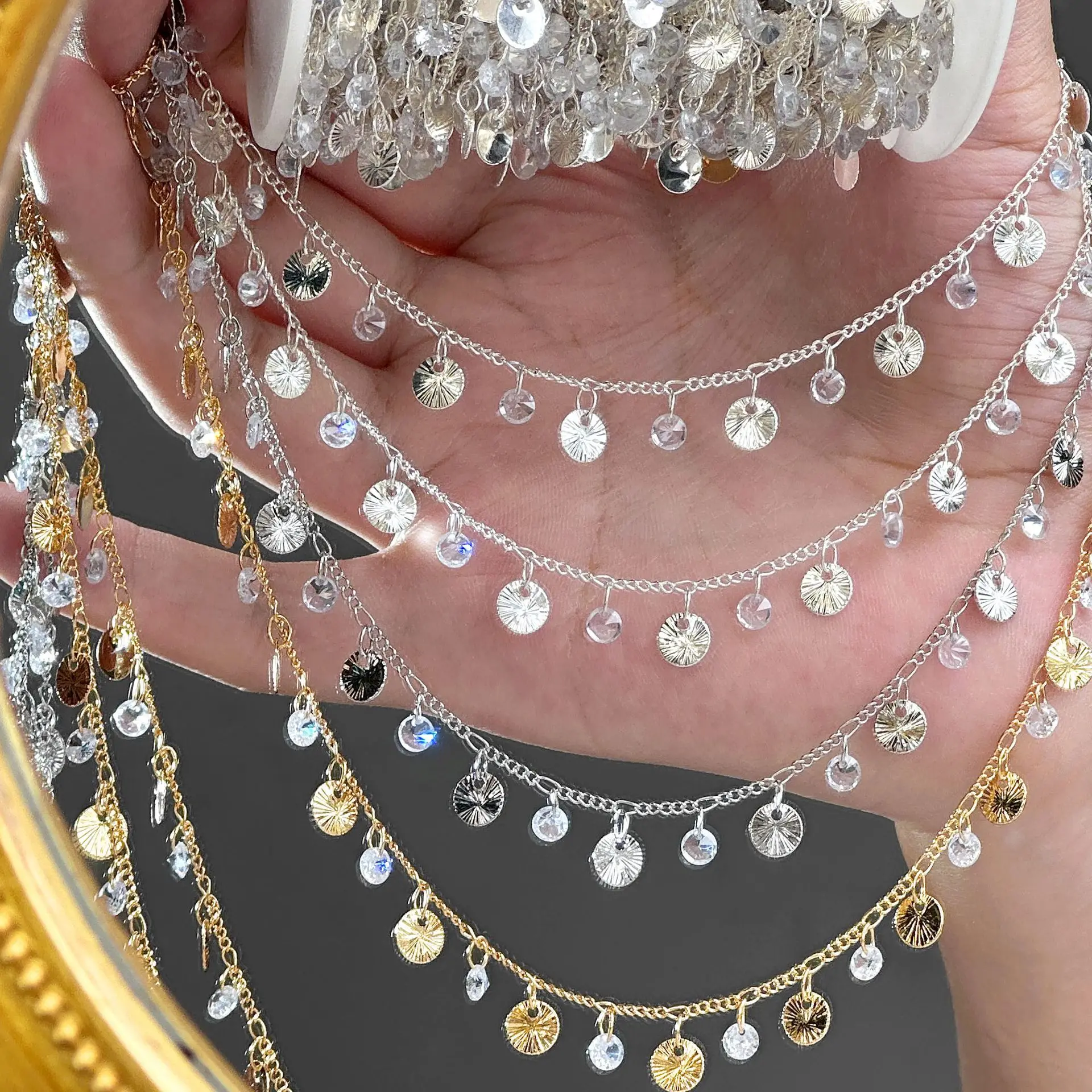 

0.5/1/2M Filigree-Engraved Zirconia Disc Copper Chain For DIY Hair Accessories Necklace Waistchain Loose Chain Craft Supplies