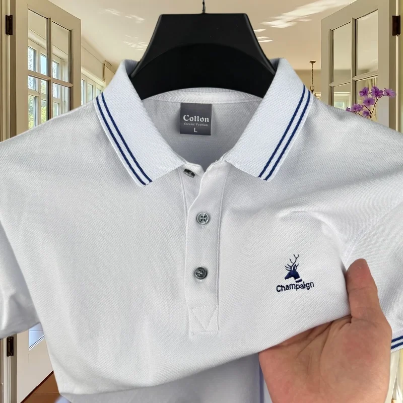 100% pure cotton high-end brand men's short sleeved polo shirt summer fashion striped deer head embroidery golf  casual T-shirt