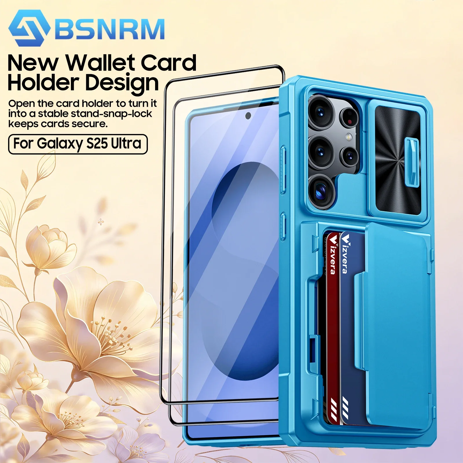 

For Samsung Galaxy S25 Ultra Phone Case,with Card Holder (4 Cards) Camera Cover & Kickstand,Full Body Protective Case-Sky Blue