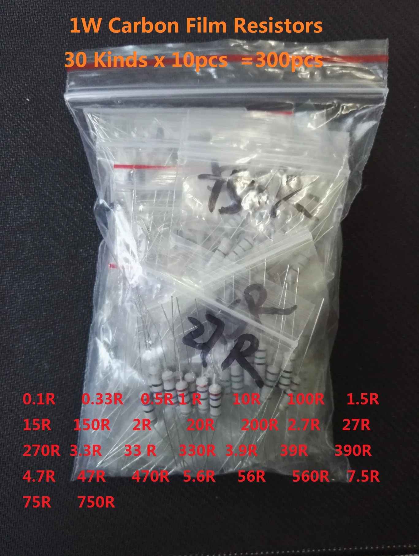 30values X 10pcs=300pcs Carbon Film Resistance 1W 0.1~750 Ohm 5% Resistor Kit Set 1.5 200 2.7 3.3 390 470 560 0.33 0.5 Ohm Metal