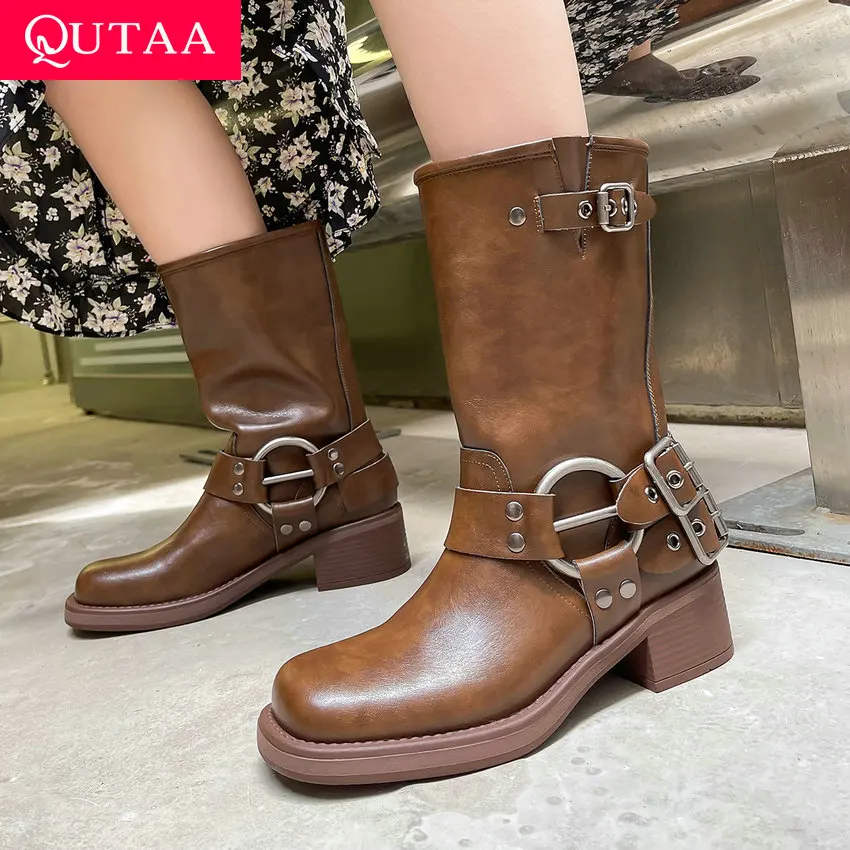 

QUTAA 2023 Women Genuine Leather Mid-Calf Boots Thick Heels Round Toe Casual Office Party Shoes Woman Autumn Winter Size 34-39