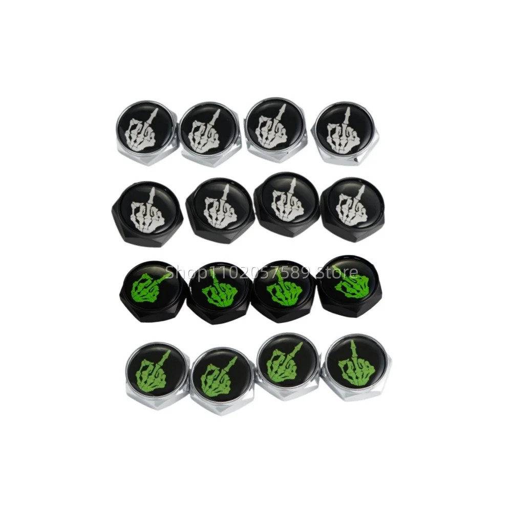 Silver/ Black 4x Skull Middle Finger License Plate Frame Bolts Screws Auto License Plate Screws Car Truck Fastener Cap Bolt