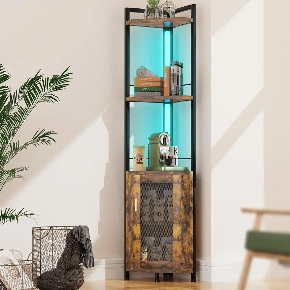 Armário de barras com luz RGB, armário de barras de prateleira de canto de madeira de ferro, prateleira alta para livros, decorar o armário de bar com porta, armário de barras