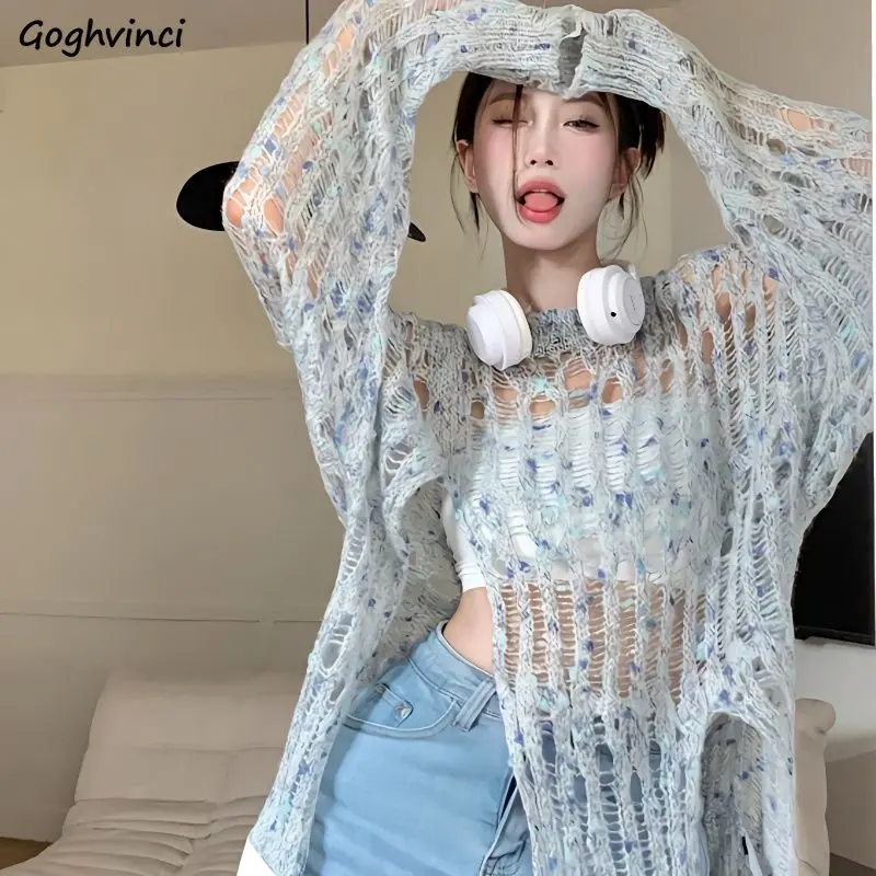 Pullovers Women Baggy Side-slit Casual Hollow Out Sun-proof Streeetwear Fashion Chic Harajuku All-match Korean Style Knitting