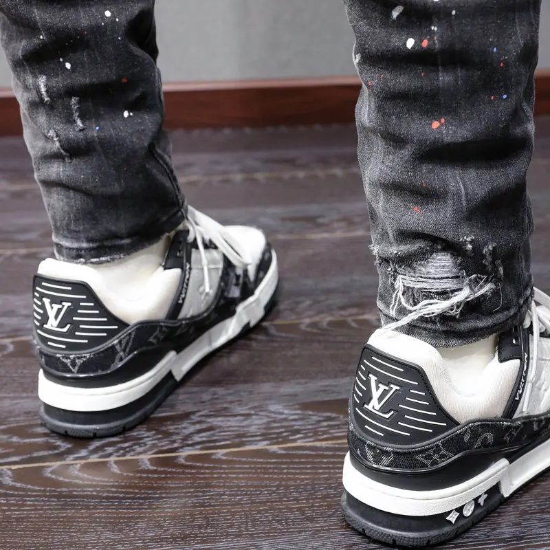DesignerY2K High Street Fashionable Men's Black Grey Jeans Retro Elastic Slimming Ripple Jeans Men's Painted Hip Hop Brand Pants