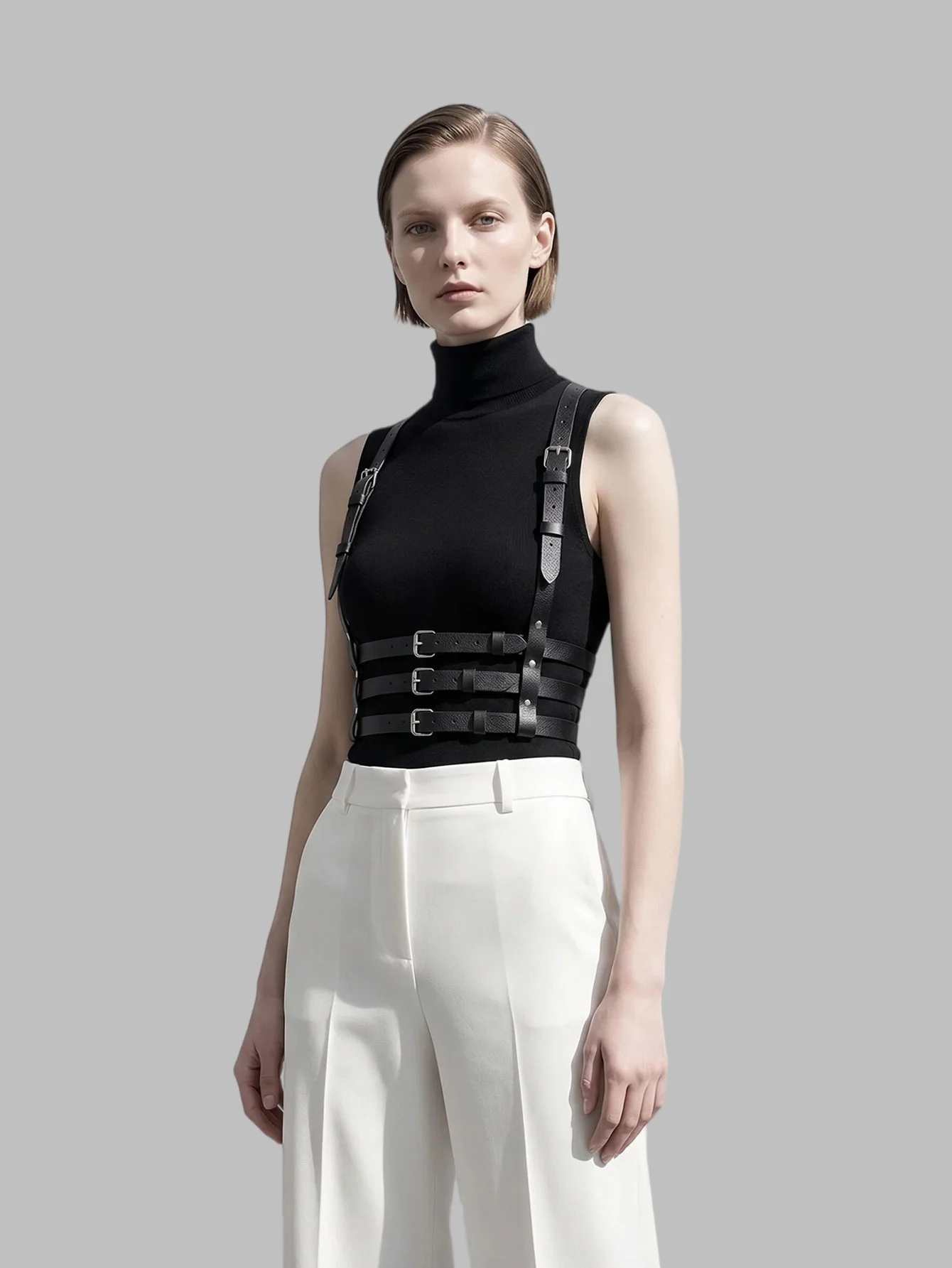 Arnés de moda sexy para mujer, estilo urbano, arnés de cuero para el pecho, accesorio de lencería bondage, corsé arnés, arnés metálico Y2K