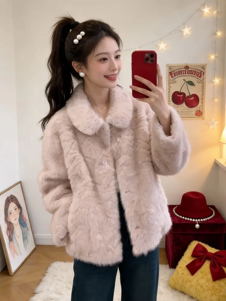 

Lu Thiened Fluffy ort Coat Women's Loose Fit Warmth Faionable Autumn Winter New Sle Cleanfit Sle Pure Color Ladie...
