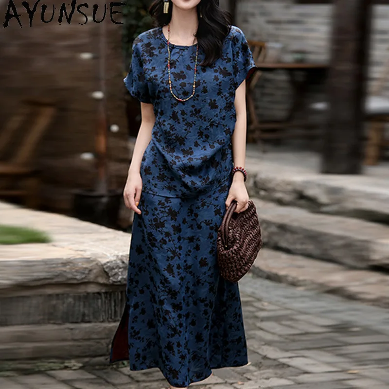 AYUNSUE Xiangyunsha Silk Women's Matching Sets Chinese Style Short Sleeve Tops Long Skirt Holiday Outfits Woman Clothes Костюм