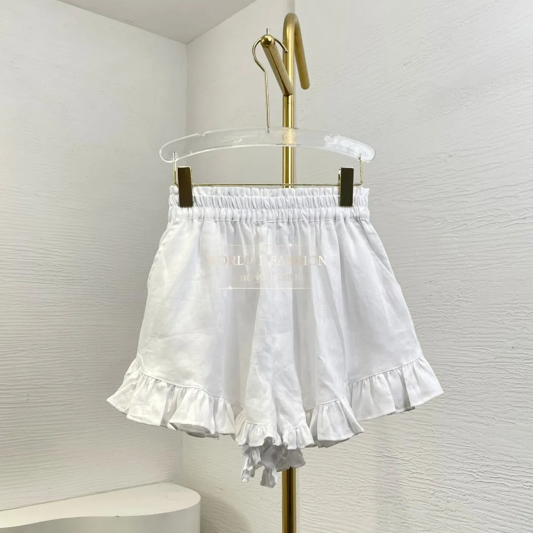 2025 White Short Sleeve Ruffles Short Blouse Tops Sets