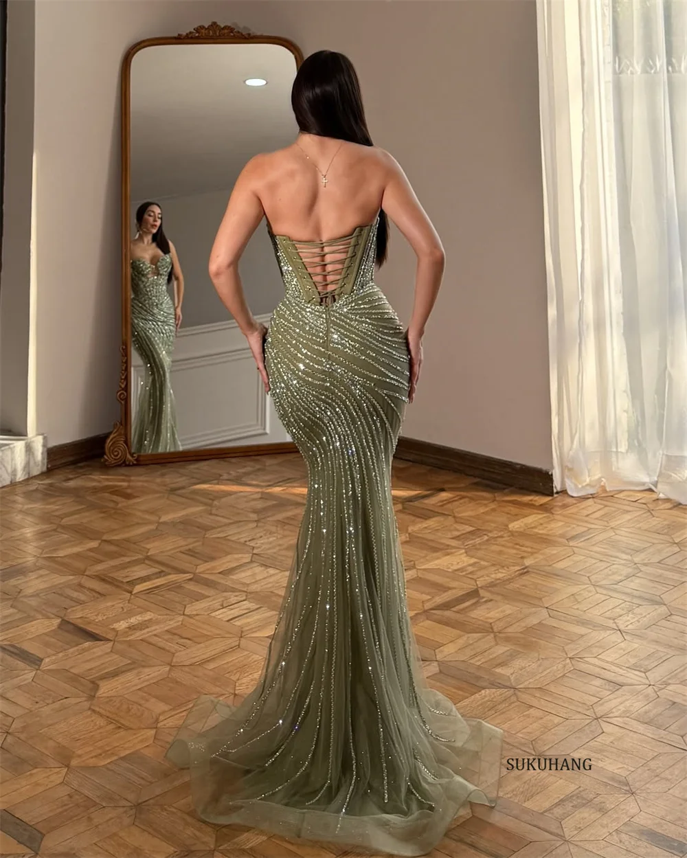 فستان سهرة بحورية البحر فاخر بشراشيب كريستالي من SUKUHANG على شكل قلب وأربطة طويلة للحفلات الراقصة باللون الأخضر حسب الطلب #4