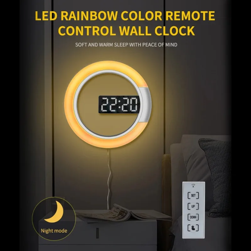 Mirror Hollow Wall Clock with Remote Control Round Digital Alarm Clock Wall Decoration Light 7 Color Night Light 12/24H Mode