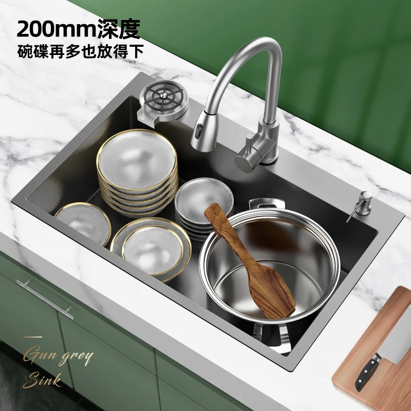 Gun Grey Kitchen 304 Stainless Steel Sink Large Single Tank Nano Vegetable Wash Basin Handmade Thickened Dishwashing Sink Undert