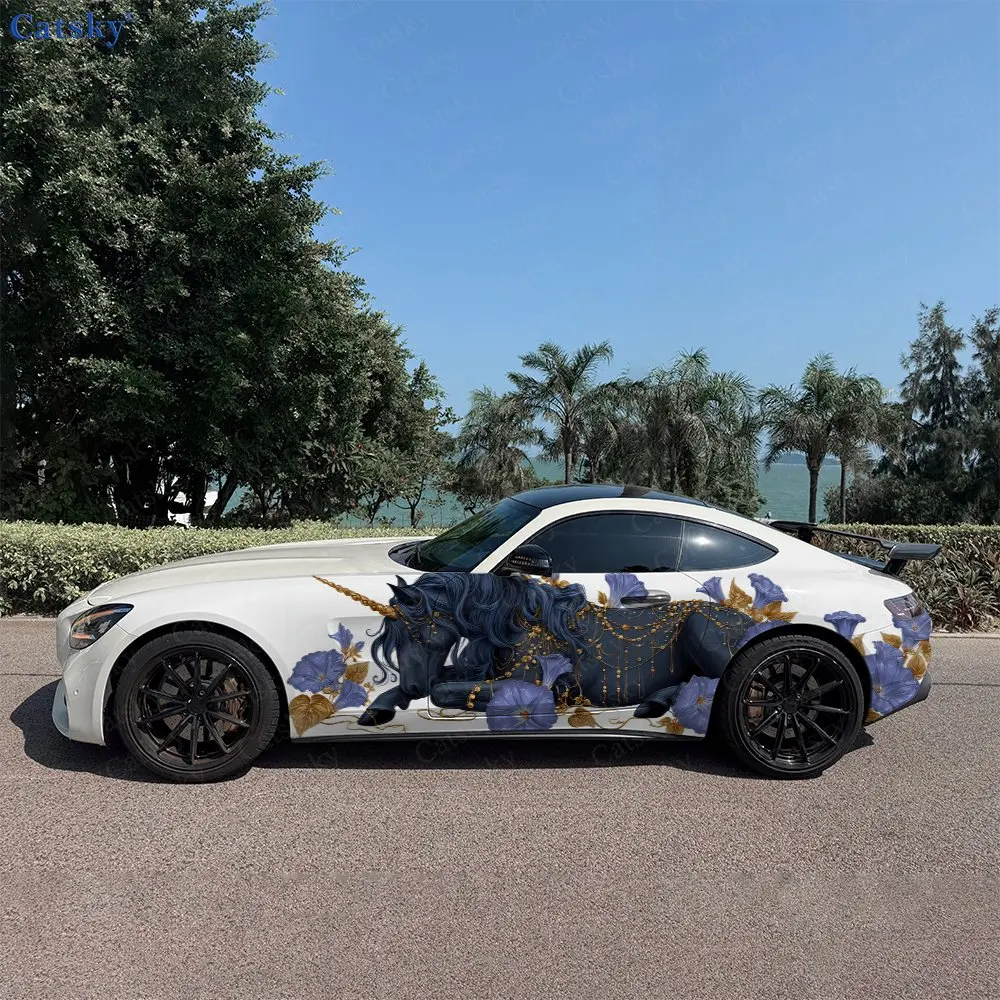 2pcs Gilded Horn Unicorn Morning Glory Car Side Wraps, Self-Adhesive PVC Waterproof & Scratch-Resistant Stickers, Car Accessory