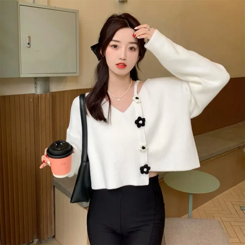 3D Flower Pullovers Women Cropped Irregular Sweet Design Sexy Girlish Chic Ulzzang Fashion Casual Basic Mujer Sweaters All-match