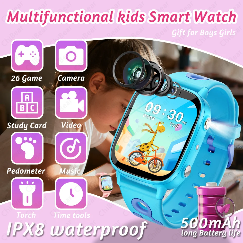 

2025 NEW Multifunctional kids Smartwatch 500mAh 26 Game Camera Video Torch IP68 Waterproof Smart Watch Holiday Gift Boys Girls