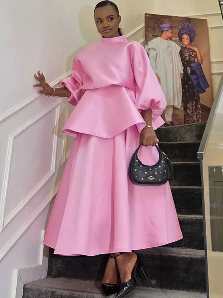 Tweedelige set dames herfstkleding blouse met lange mouwen en jurk satijnen plooirok chique elegante sets groothandel dropshipping