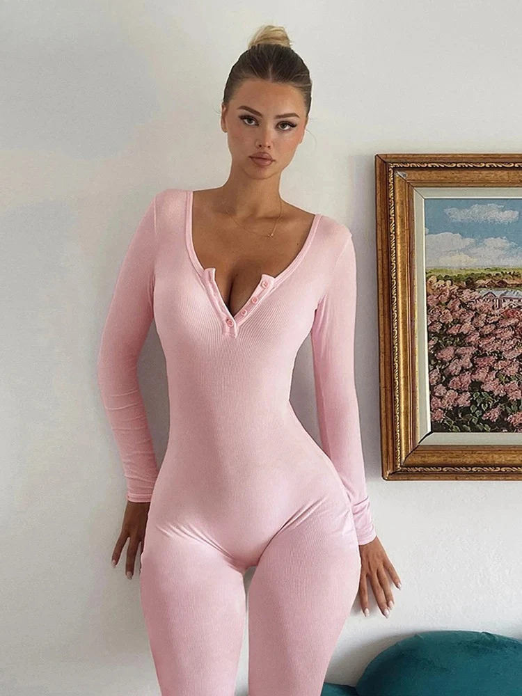 Casual Skinny Women Jumpsuits Fall Concise New Full Sleeve Single Breasted Stretch Overalls Mujer Track Sporty One Piece