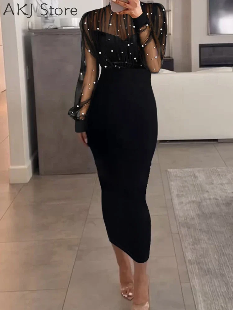 Vestido ajustado con cuentas y retazos de malla transparente sexy para mujer